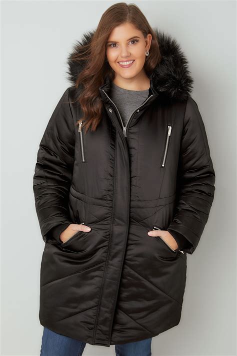 Black Padded Parka Jacket With Faux Fur Hood Plus Size 16 To 36