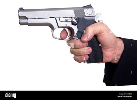 The Right Hand Mature Adult Man Wearing Suit Holding 9mm Gun Both Hands