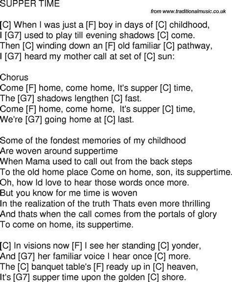 What is included some of the songs have both lyrics only and lyrics and chords(suffix crd) versions. Old time song lyrics with chords for Suppertime C | Song ...