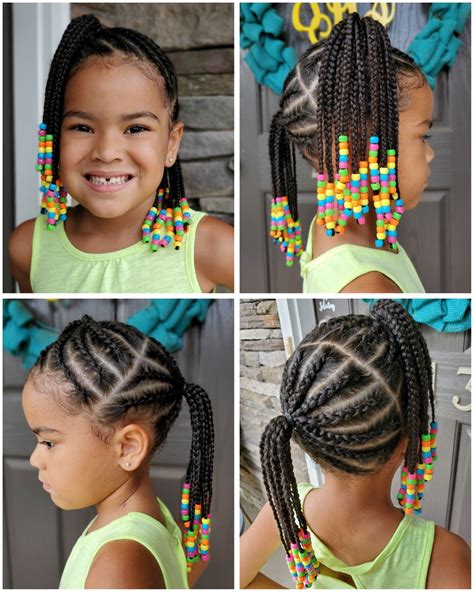 Mixed Biracial Girl Braids Beads Protective Style Cornrows Pony Tails