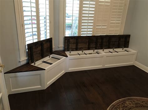 Measure from the front of the cabinet back 3 1/2 inches. Banquette Corner bench, kitchen seating, L shaped bench, breakfast nook