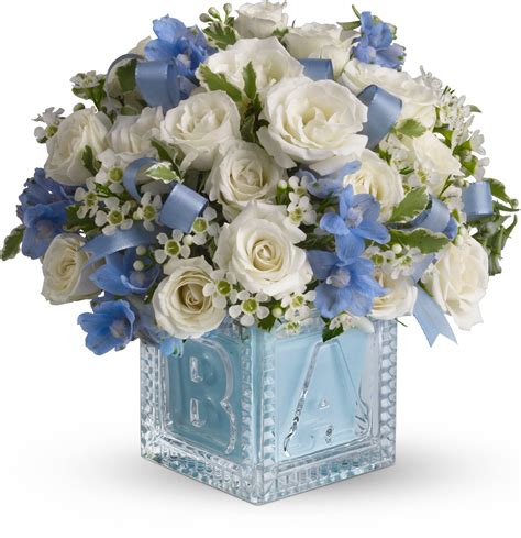 Babys First Block By Teleflora Blue New Baby Flowers Baby Shower