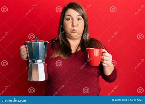 Beautiful Brunette Plus Size Woman Drinking Italian Coffee Puffing