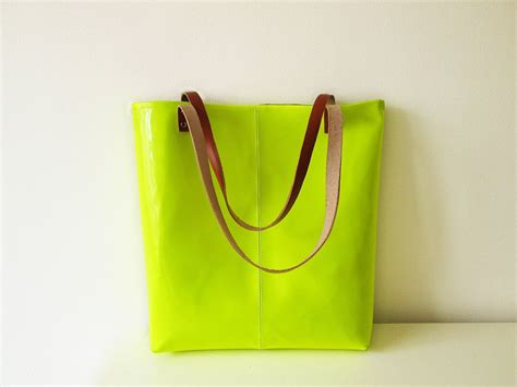 Neon Tote Bag Vegan Leather Tote Lime Fluorescent Yellow Patent