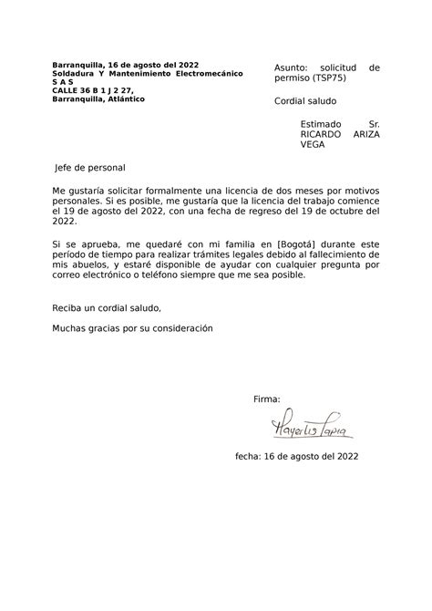 Modelo Carta Ausencia Laboral Mayee Asunto Solicitud De Permiso