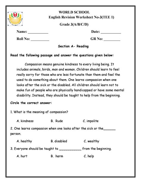 For exercises, you can reveal the answers first (submit worksheet) and print the. Birla World School Oman: English Revision Worksheet for Grade 3