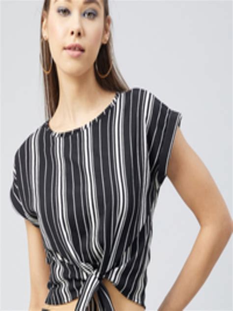 buy chimpaaanzee black and white striped extended sleeves crop top tops for women 17874296 myntra