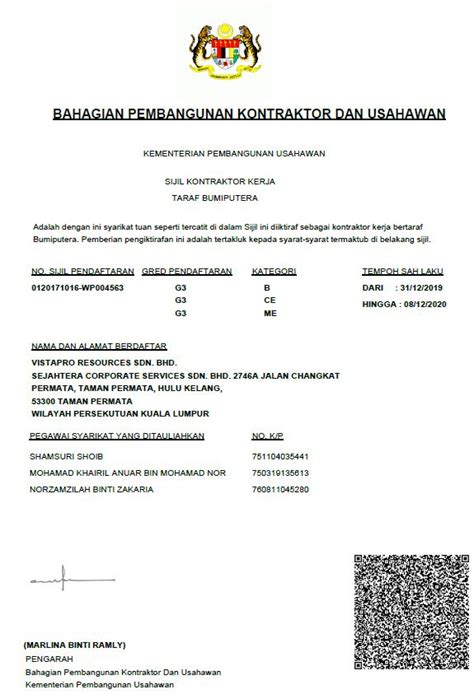 Sijil perolehan kerja kerajaan (spkk). Certificate & Registration - Vistapro Resources Sdn Bhd