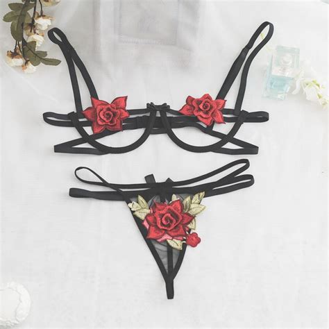 Embroidery Flower Sexy Underwear Open Breasts Crotch Panties Set Women
