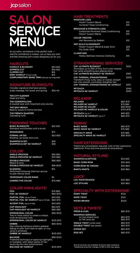All our colouring and perming services are inclusive of a cut and finish. jcp salon (located inside JCPenney) service menu | Jcp ...