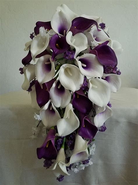 purple ivory calla lily cascading bridal wedding bouquet and boutonniere amazon ca home