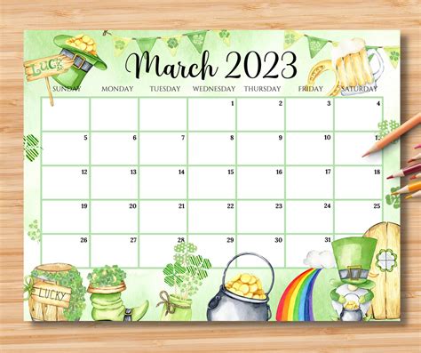 Editable March 2023 Calendar Happy Stpatricks Day Etsy Uk