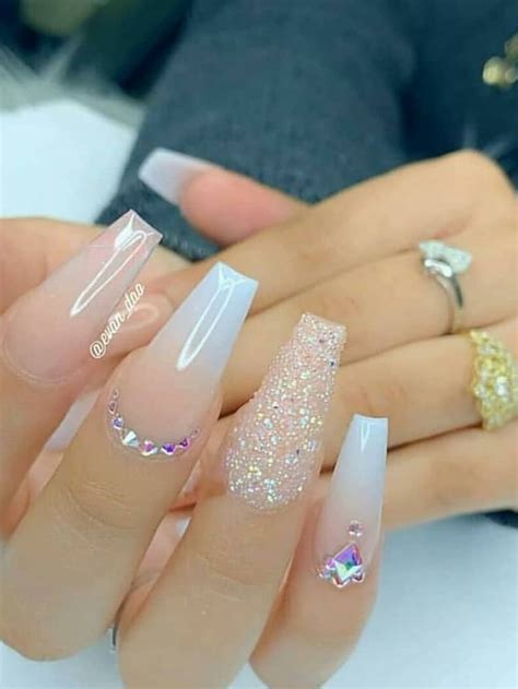 Amazing Coffin Shaped French Ombre Nails Wit Rhinestones And An Accent
