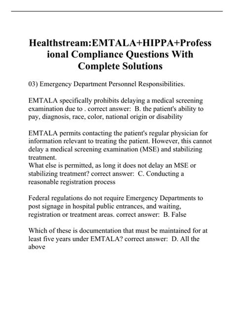 Healthstream:EMTALA+HIPPA+Professional Compliance Questions With