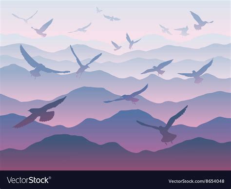 Silhouettes Of Flying Birds Over Mountains Vector Image
