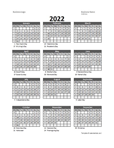 2022 Free Printable Yearly Calendar 6 Templates