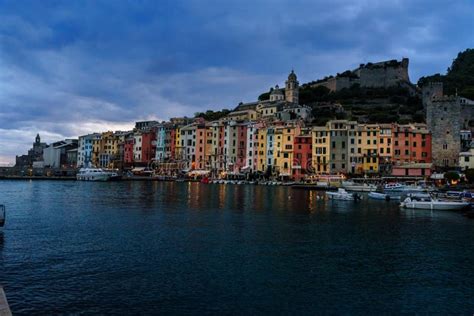 Portovenere Night Photo On Harbor And Village Skyline Cinque Terre