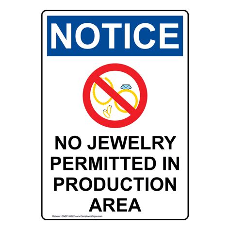 Vertical No Jewelry Permitted Sign Osha Notice