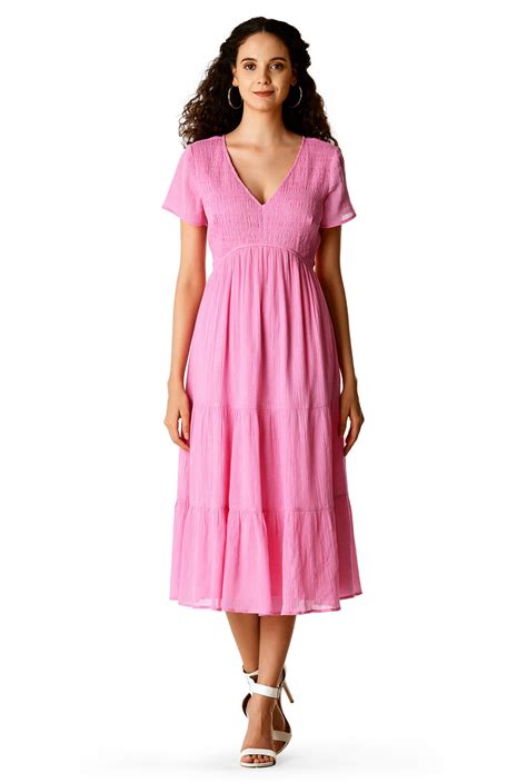 Shop Elastic Smocked Lurex Stripe Cotton Gauze Tiered Dress Eshakti