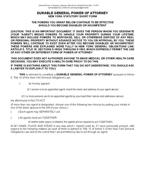 Durable General Power Of Attorney New York Statutory Short Form Free