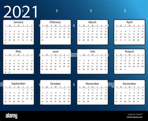 Ilustracion De Calendario 2021 La Semana Comienza El Domingo Cuadricula Images
