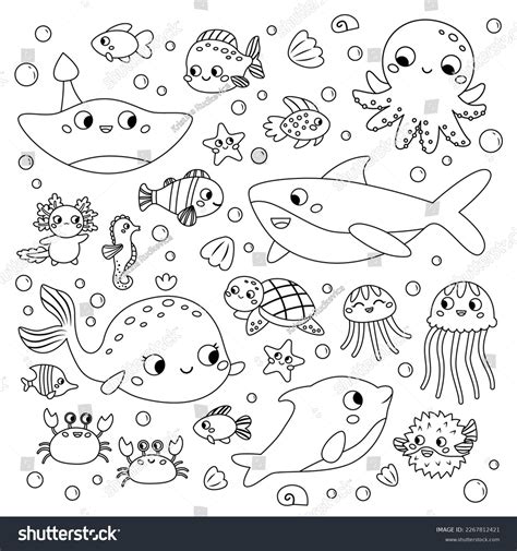 Coloring Page Sea Animals Cute Cartoon Stock Vector Royalty Free