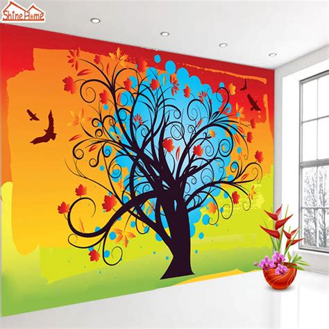 Shinehome Colorful Flying Bird Tree 3d Wallpaper Mural For Walls 3 D