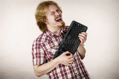 Gamer Man Holding Computer Keyboard Stock Image Image Of Keyboard