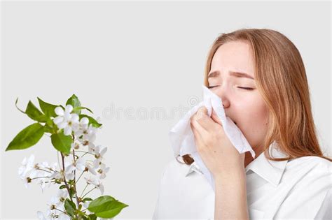 Allergy Symptoms Displeased Young Woman Uses Tissue Sneezes All Time Stands Near Blossom