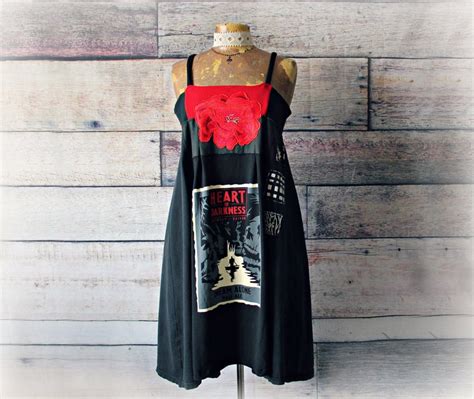 Black Boho Dress Reconstruct T Shirts Red Rose Embroider Fit Etsy