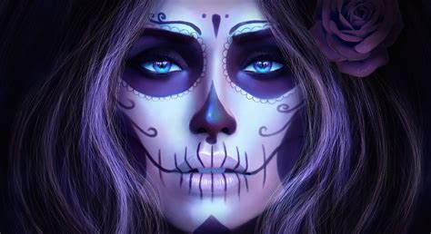 Face Women Artwork Purple Blue Sugar Skull Head Color Eye Darkness Fictional Character
