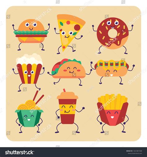 Set Of Vector Cartoon Doodle Icons Junk Foodfast Food Set Cute