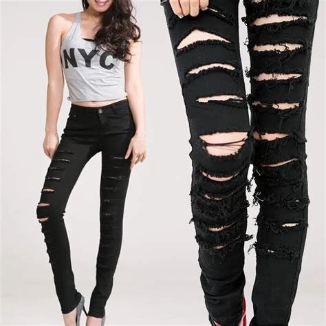 Black Cotton Denim Ripped Punk Cut Out Women Skinny Pants Jeans