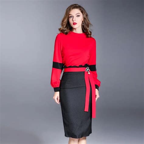 Women Winter Pencil Dress Office Ladies Red Top Patchwork Black Pencil Dress Long Sleeve Stand