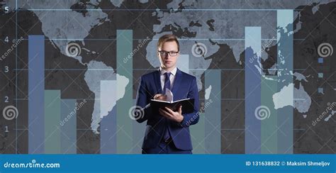 Businessman With Organizer Standing Over Diagram World Map Background