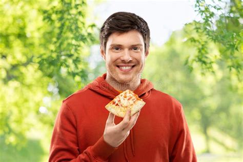 Happy Young Man Eating Pizza Stock Photo Image Of Fattening Adult