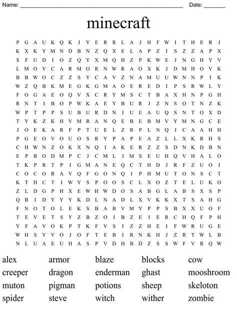 Minecraft Word Search Printable