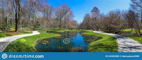 A Panoramic Shot Of A Still Green Pond Surrounded By Lush Green Grass