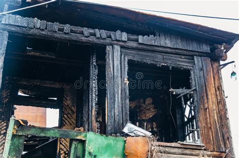 Completely Burnt Wooden House Consequences Of Fire Photo Stock Image