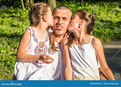 Daddy Hugs His Daughters Stock Image Image Of Female 83644207