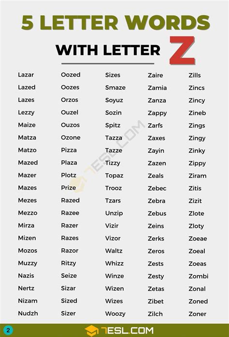 5 Letter Words With Z Useful List Of Five Letter Words With Z 7esl