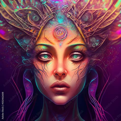 Psychedelic Woman Full Face Portrait Looking Straight Into Camera