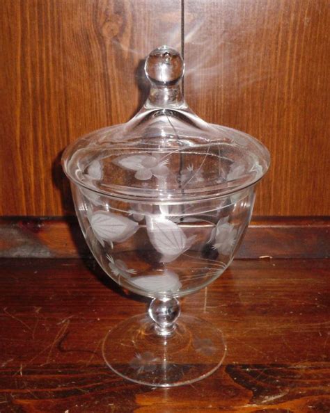 vintage clear etched glass compote candy dish with gold trim floral pattern compotes etched