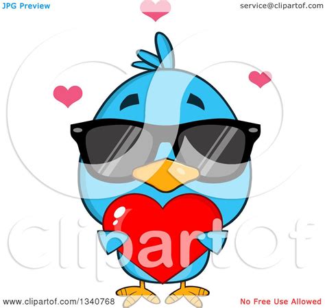 Clipart Of A Cartoon Blue Bird Wearing Sunglasses And Holding A Red Love Heart Royalty Free