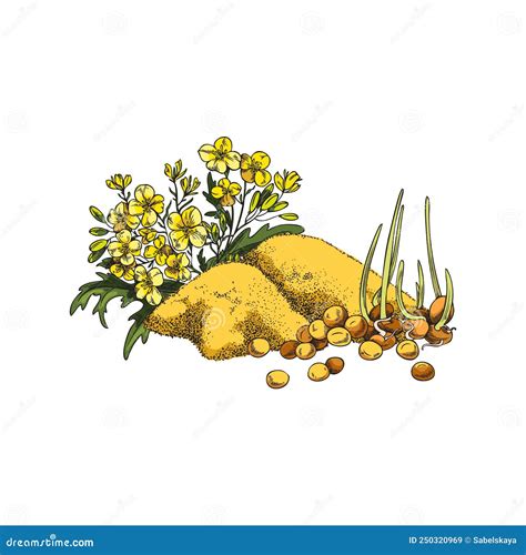 Mustard Plant Branch With Heap Of Powder Engraving Vector Illustration