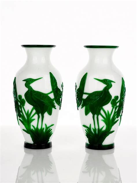 Pair Of Peking Glass Vases Green Overlay On White Ground Zother