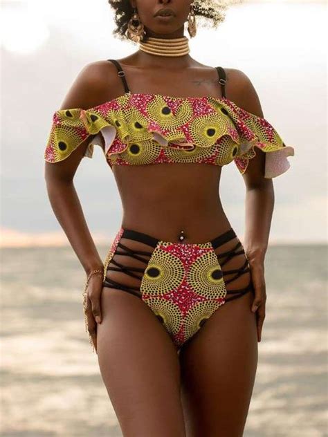 Yellow Tribal Print Off Shoulder Two Piece Lace Up Beachwear Swimwear African Swimwear