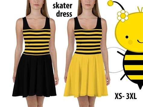 Bumble Bee Skater Dress Women Costume Halloween Cosplay Striped Yellow