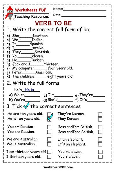 Verb To BE - Grammar and Exercises ( Free Worksheets ) - Worksheets PDF
