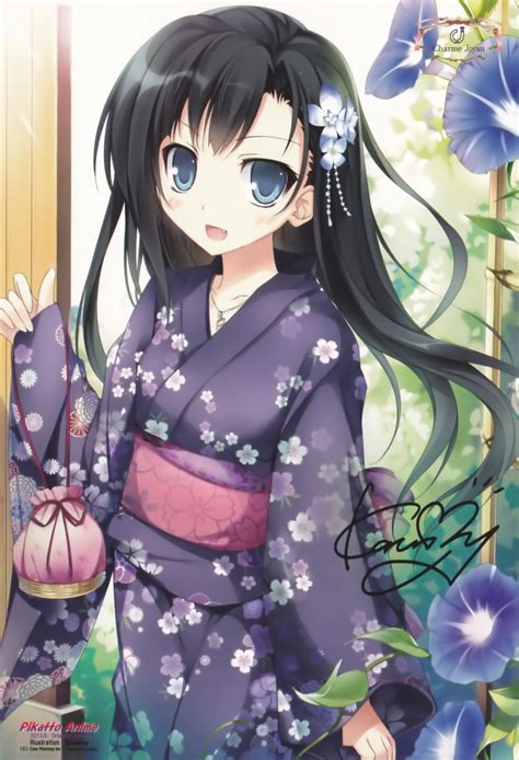 Safebooru 1girl Absurdres Black Hair Blue Eyes Flower Highres Japanese Clothes Karory Kimono